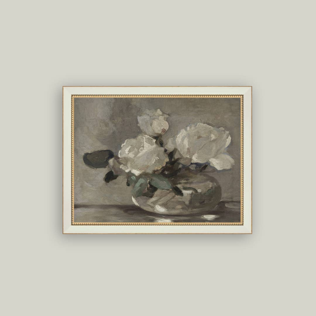 White Rose Vase Framed Antique Art: 15x11