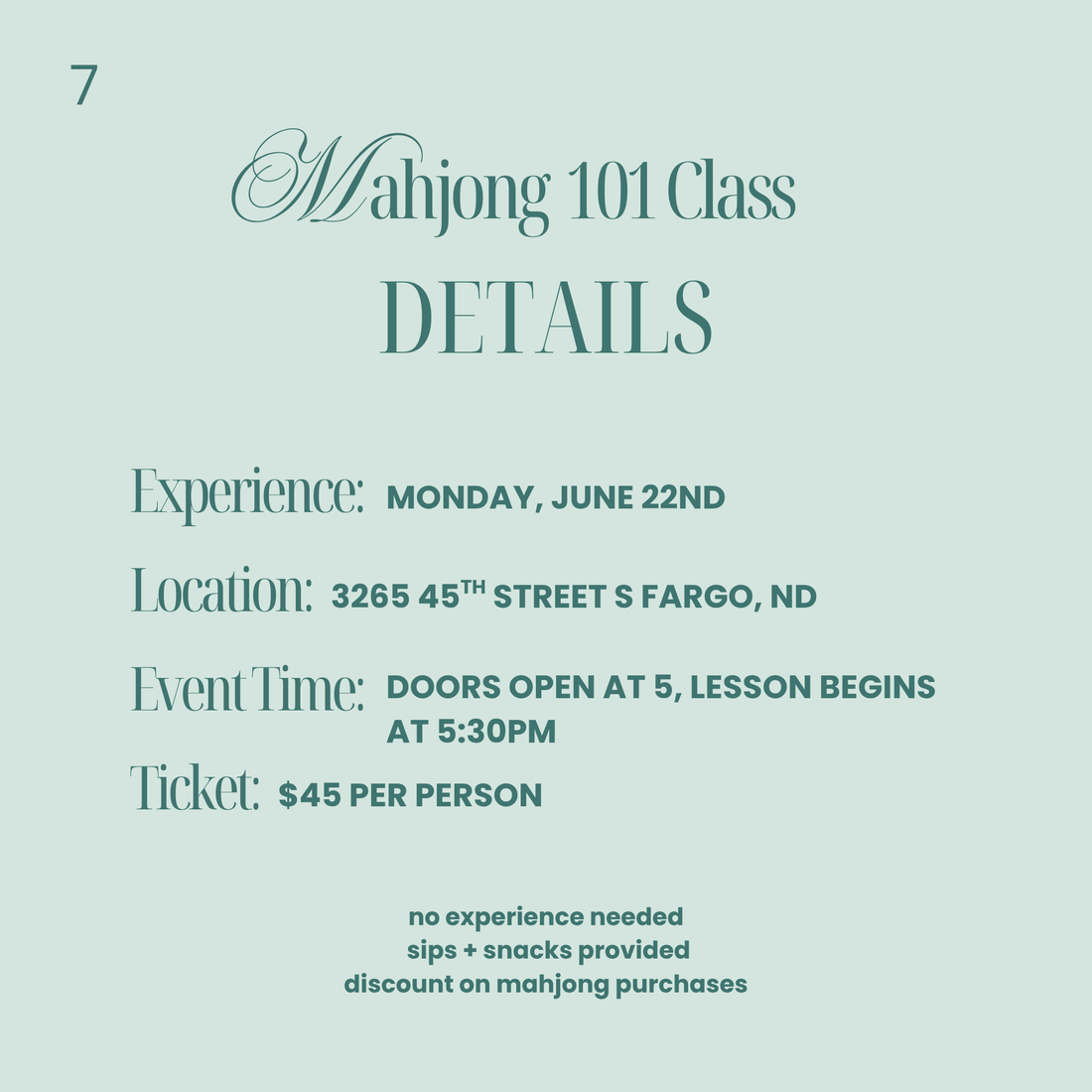 Mahjong 101 Class | Tuesday, July 7th @ 5:30