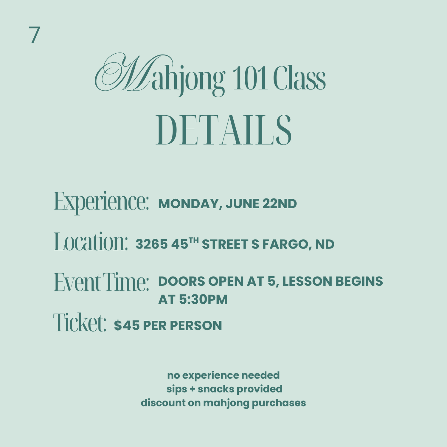 Mahjong 101 Class | Tuesday, July 21st @ 5:30