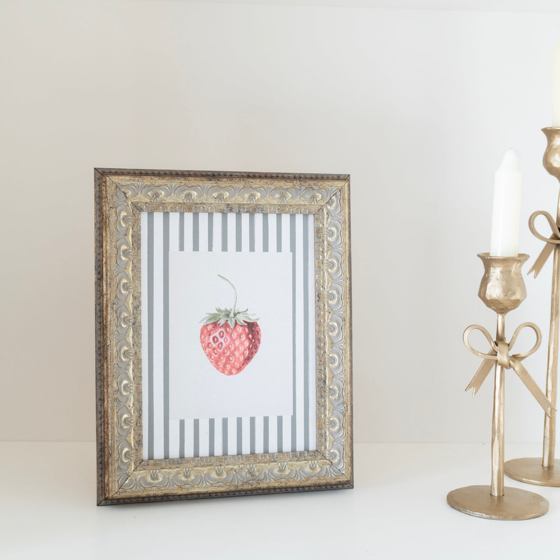 Strawberries on Stripes Framed Antique Art: 8x10