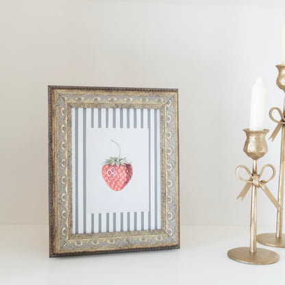 Strawberries on Stripes Framed Antique Art: 8x10