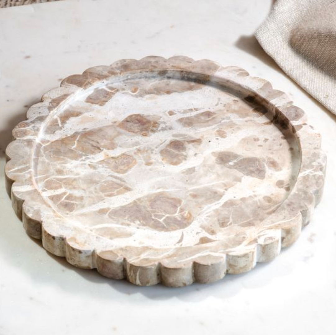 12" Beige Marble Scallop Edge Tray