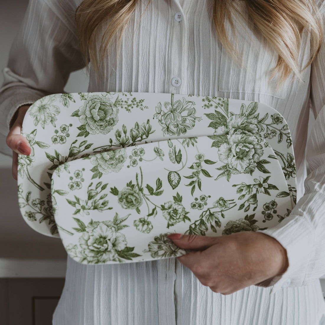 Green Delft Stacking Melamine Tray - Set of 2